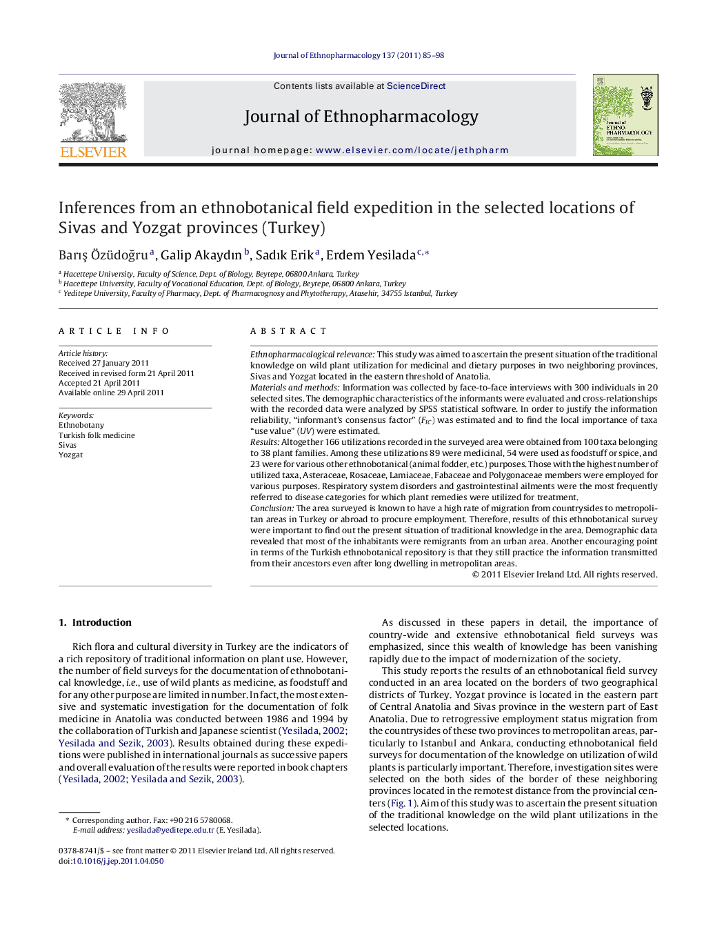 Inferences from an ethnobotanical field expedition in the selected locations of Sivas and Yozgat provinces (Turkey)