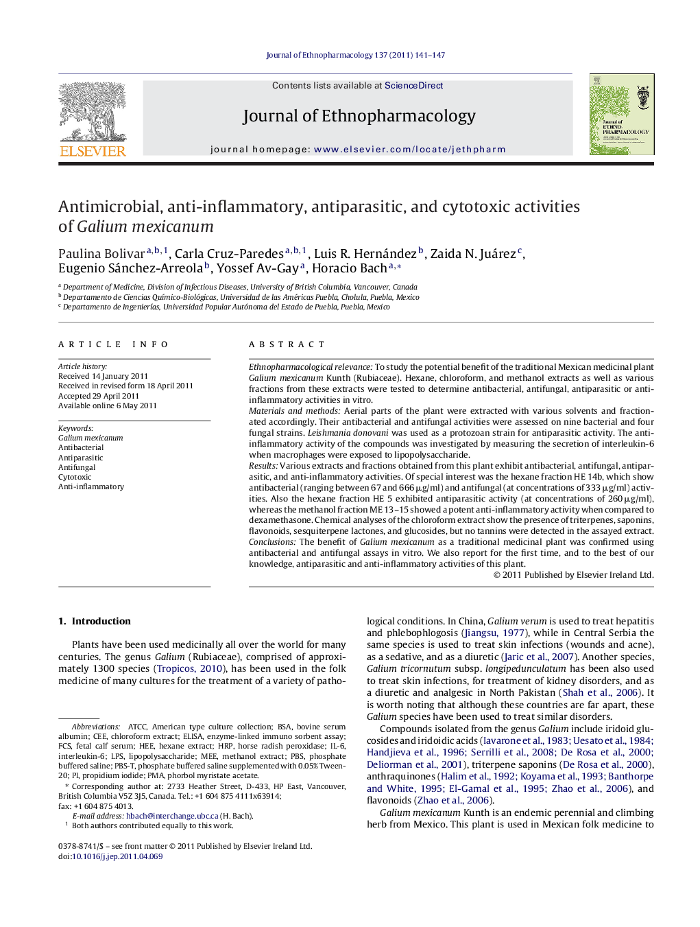 Antimicrobial, anti-inflammatory, antiparasitic, and cytotoxic activities of Galium mexicanum