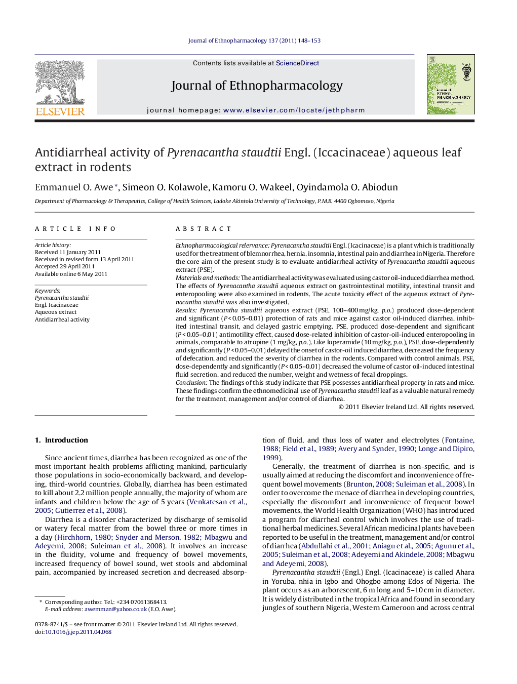 Antidiarrheal activity of Pyrenacantha staudtii Engl. (Iccacinaceae) aqueous leaf extract in rodents