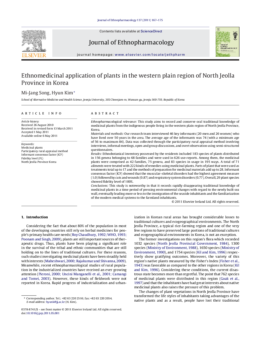 Ethnomedicinal application of plants in the western plain region of North Jeolla Province in Korea