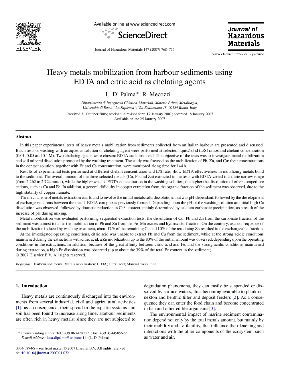 عکس صفحه اول مقاله: Heavy metals mobilization from harbour sediments using EDTA and citric acid as chelating agents Heavy metals mobilization from harbour sediments using EDTA and citric acid as chelating agents