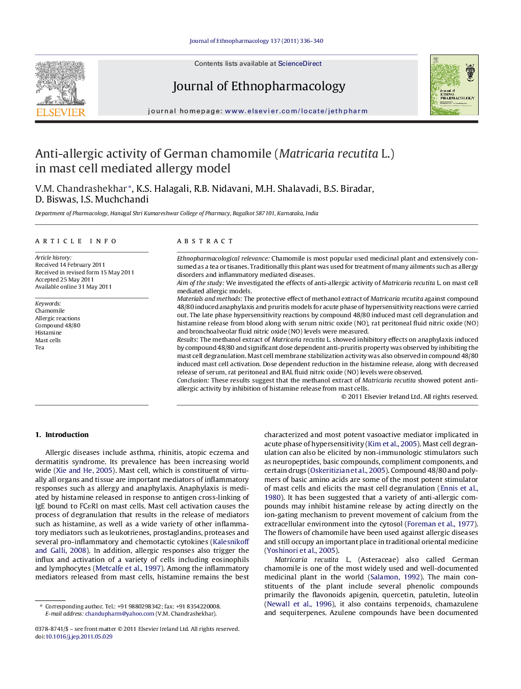 Anti-allergic activity of German chamomile (Matricaria recutita L.) in mast cell mediated allergy model