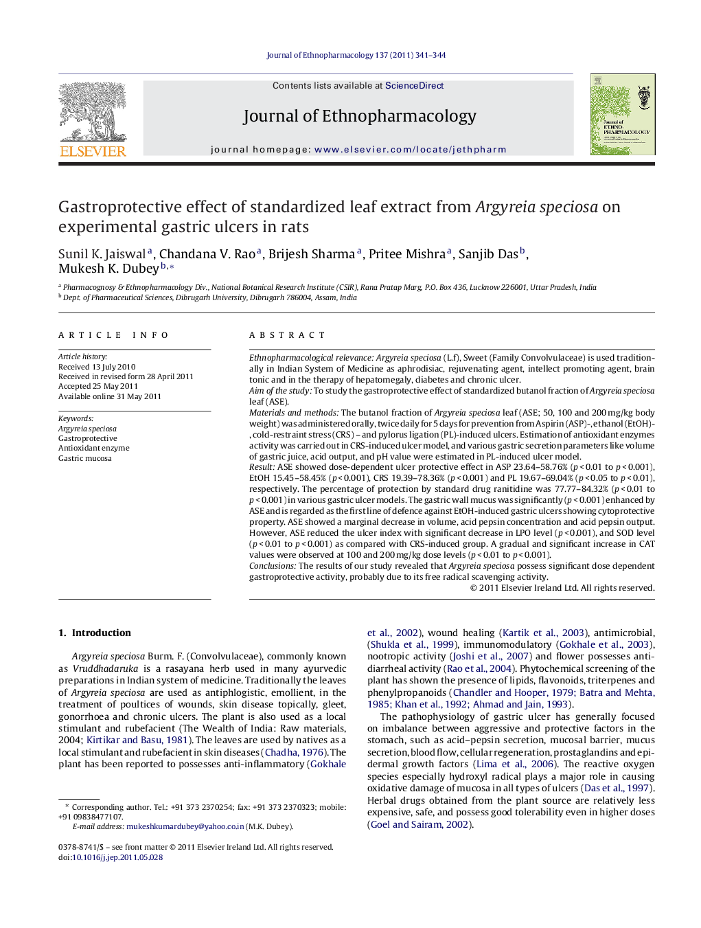 Gastroprotective effect of standardized leaf extract from Argyreia speciosa on experimental gastric ulcers in rats