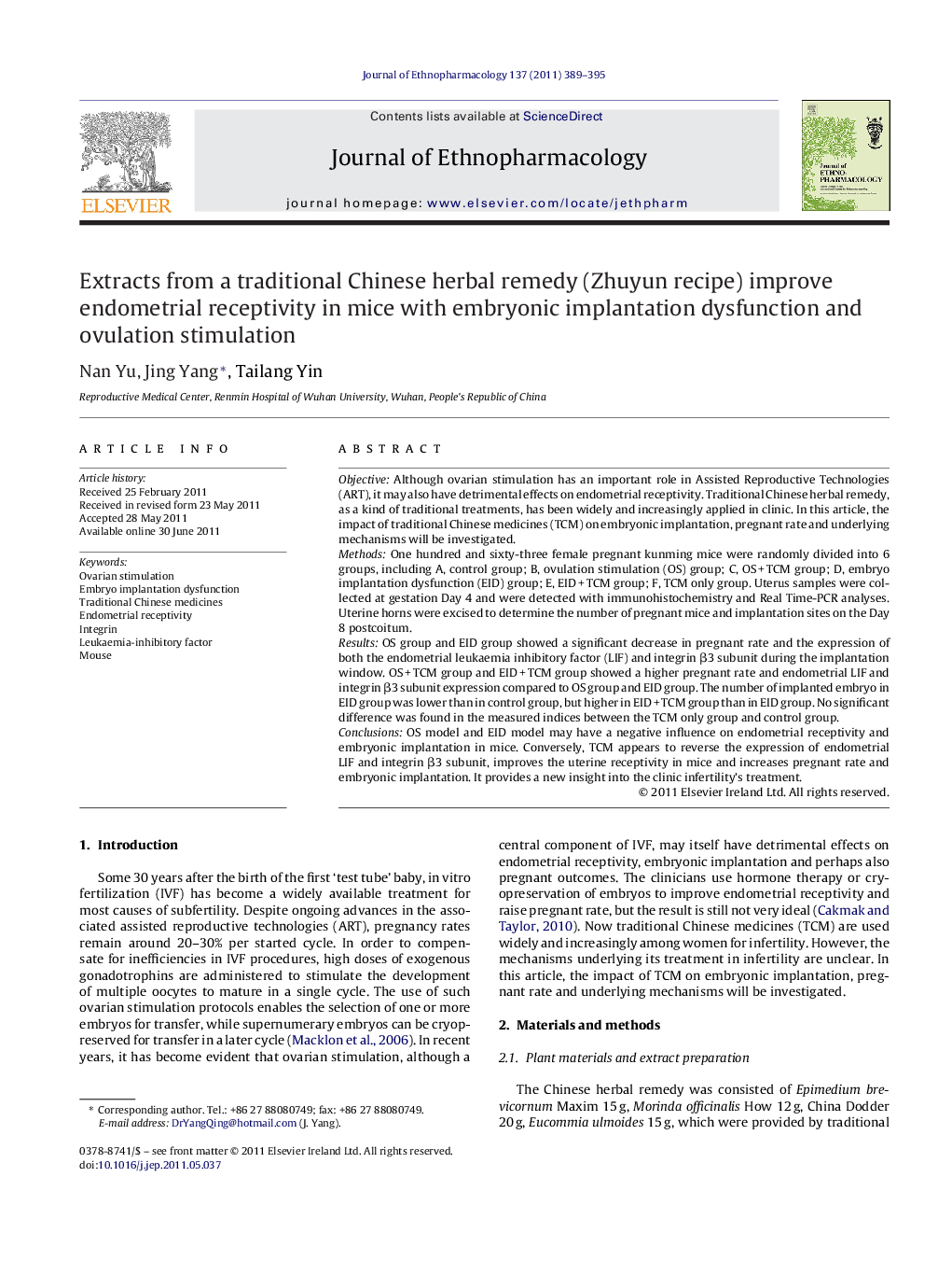 Extracts from a traditional Chinese herbal remedy (Zhuyun recipe) improve endometrial receptivity in mice with embryonic implantation dysfunction and ovulation stimulation