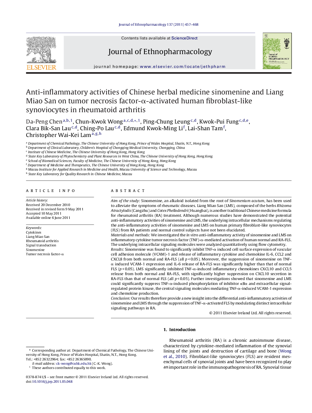 Anti-inflammatory activities of Chinese herbal medicine sinomenine and Liang Miao San on tumor necrosis factor-Î±-activated human fibroblast-like synoviocytes in rheumatoid arthritis