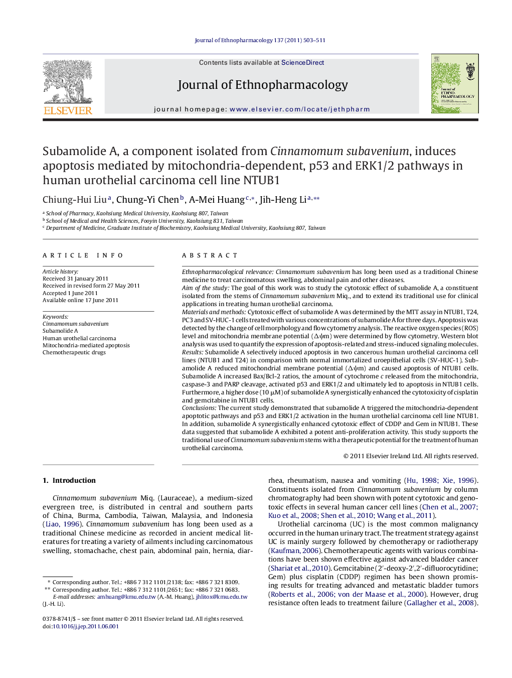 Subamolide A, a component isolated from Cinnamomum subavenium, induces apoptosis mediated by mitochondria-dependent, p53 and ERK1/2 pathways in human urothelial carcinoma cell line NTUB1