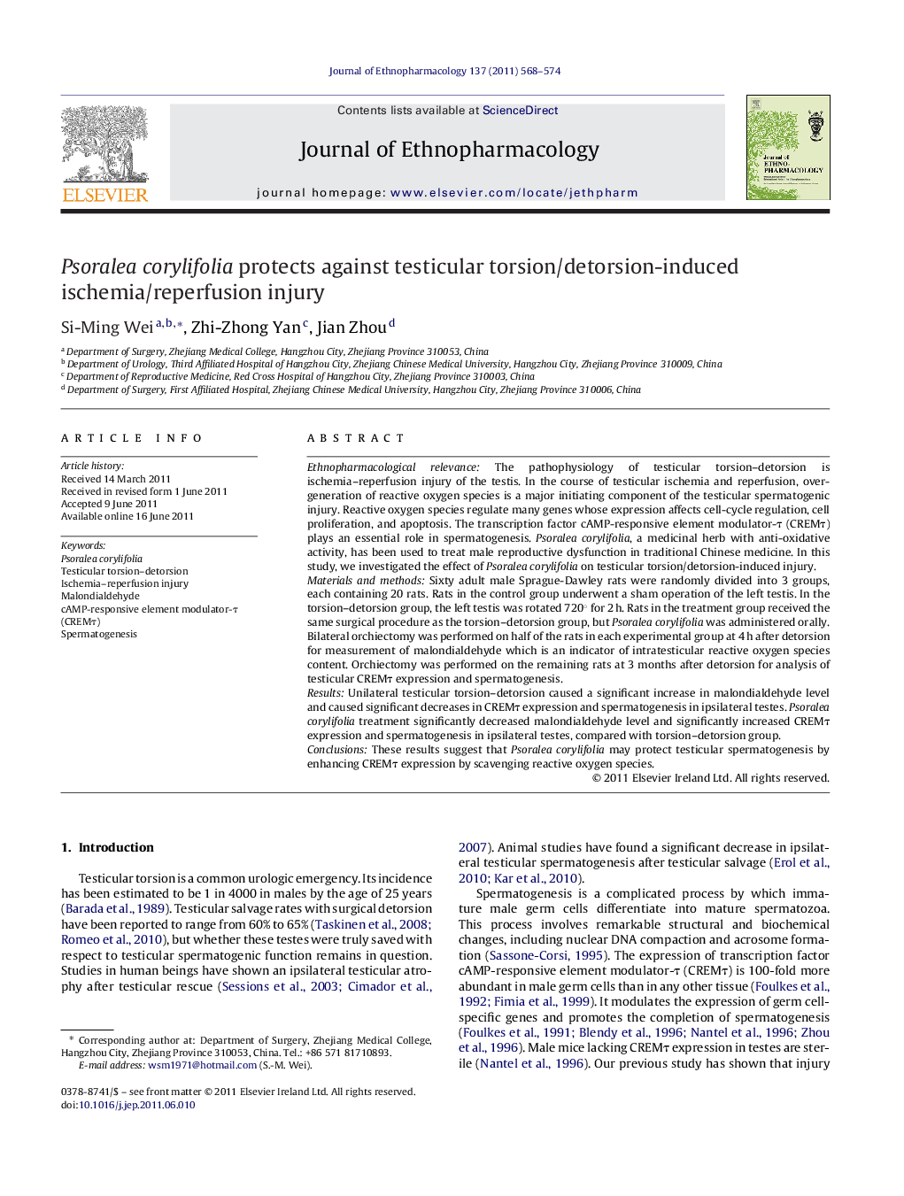 Psoralea corylifolia protects against testicular torsion/detorsion-induced ischemia/reperfusion injury