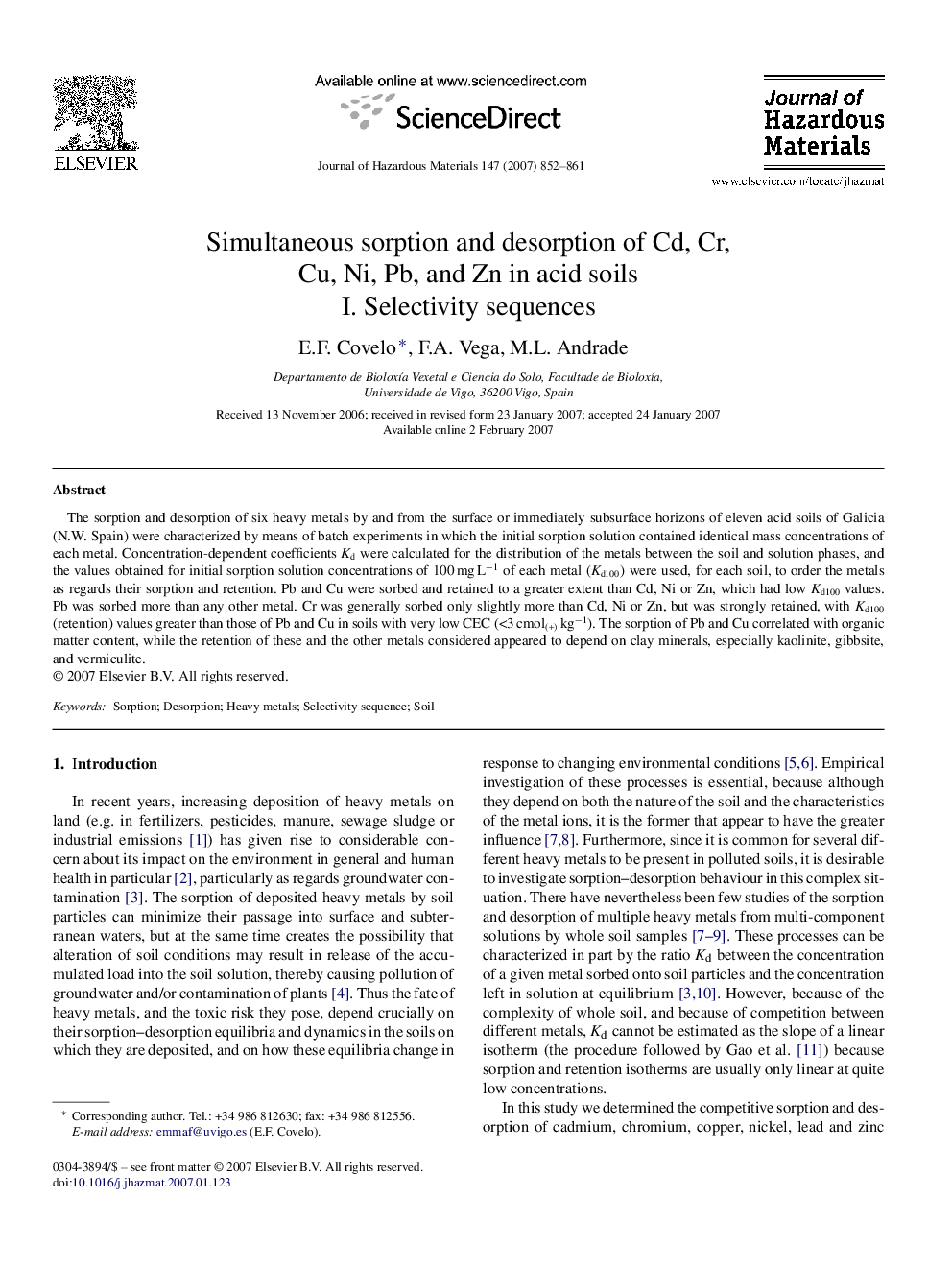 Simultaneous sorption and desorption of Cd, Cr, Cu, Ni, Pb, and Zn in acid soils