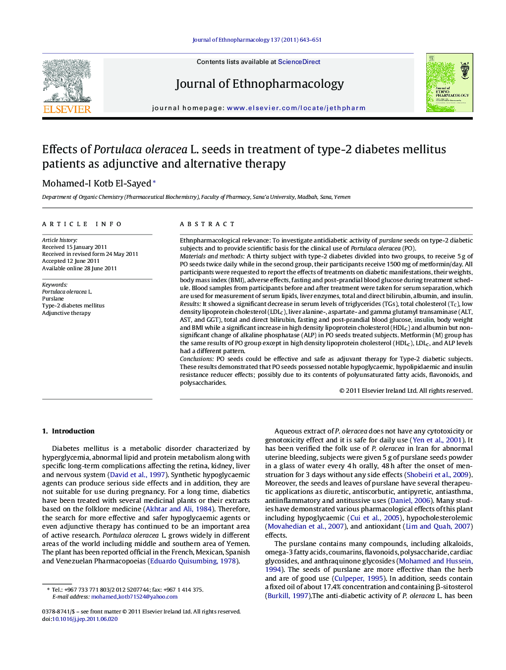 Effects of Portulaca oleracea L. seeds in treatment of type-2 diabetes mellitus patients as adjunctive and alternative therapy