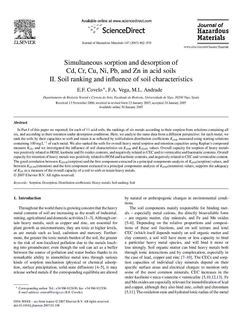 Simultaneous sorption and desorption of Cd, Cr, Cu, Ni, Pb, and Zn in acid soils