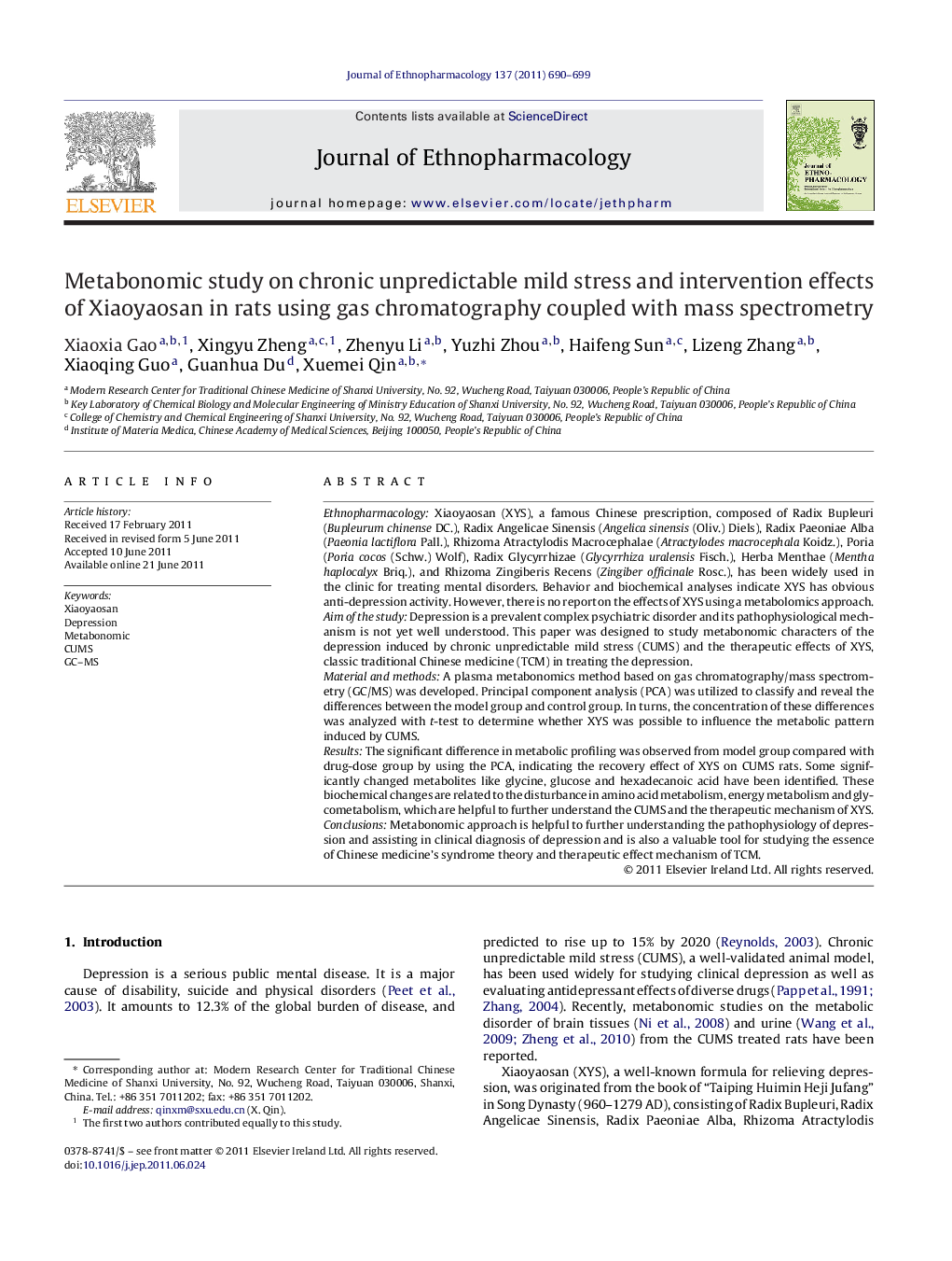 Metabonomic study on chronic unpredictable mild stress and intervention effects of Xiaoyaosan in rats using gas chromatography coupled with mass spectrometry