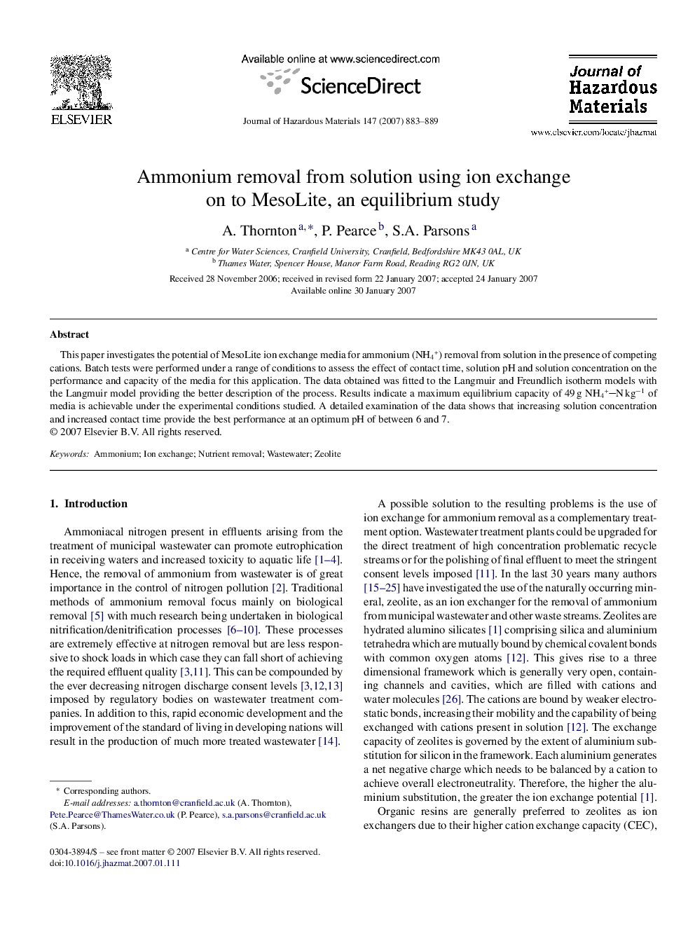 عکس صفحه اول مقاله: Ammonium removal from solution using ion exchange on to MesoLite, an equilibrium study Ammonium removal from solution using ion exchange on to MesoLite, an equilibrium study