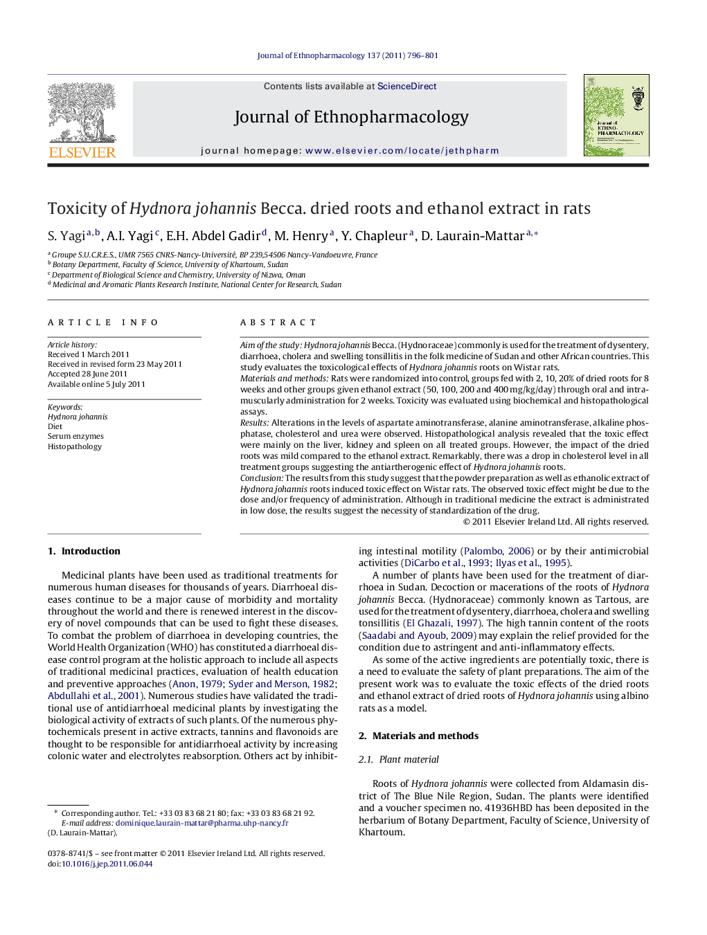 Toxicity of Hydnora johannis Becca. dried roots and ethanol extract in rats