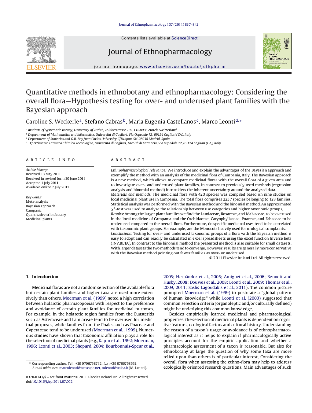 Quantitative methods in ethnobotany and ethnopharmacology: Considering the overall flora-Hypothesis testing for over- and underused plant families with the Bayesian approach