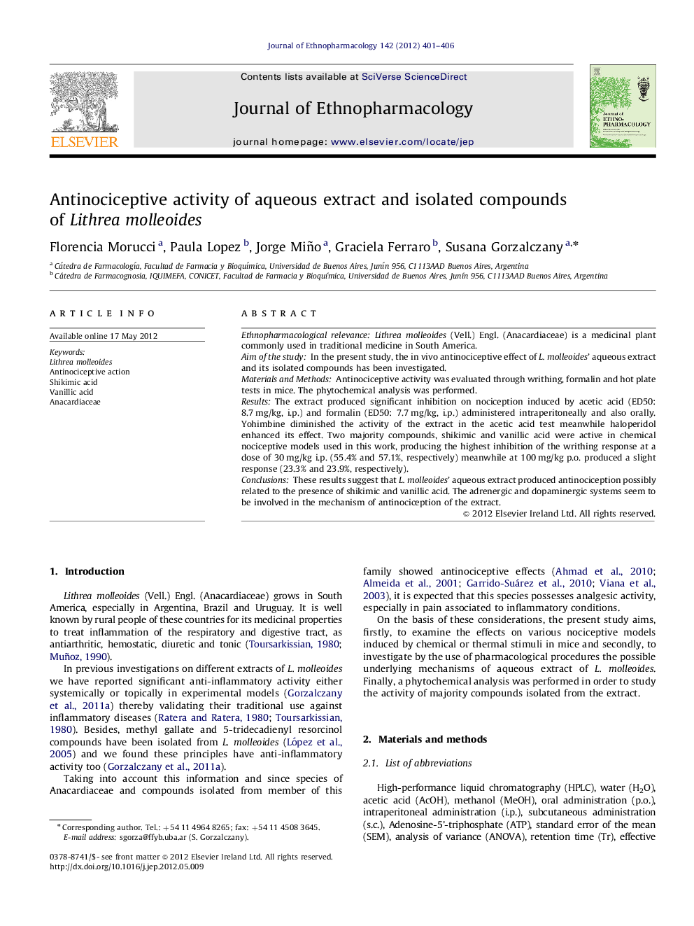 Antinociceptive activity of aqueous extract and isolated compounds of Lithrea molleoides