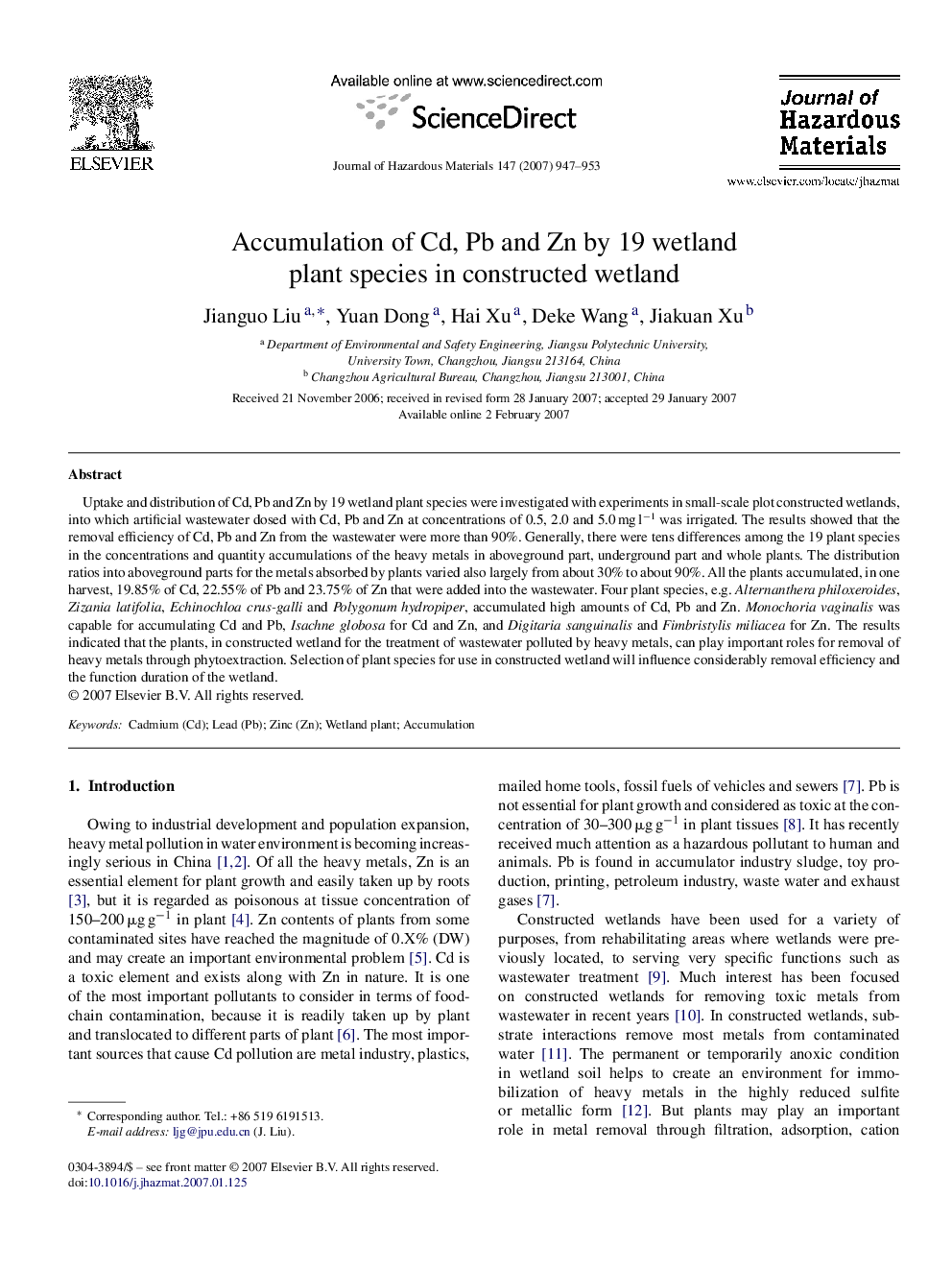 Accumulation of Cd, Pb and Zn by 19 wetland plant species in constructed wetland