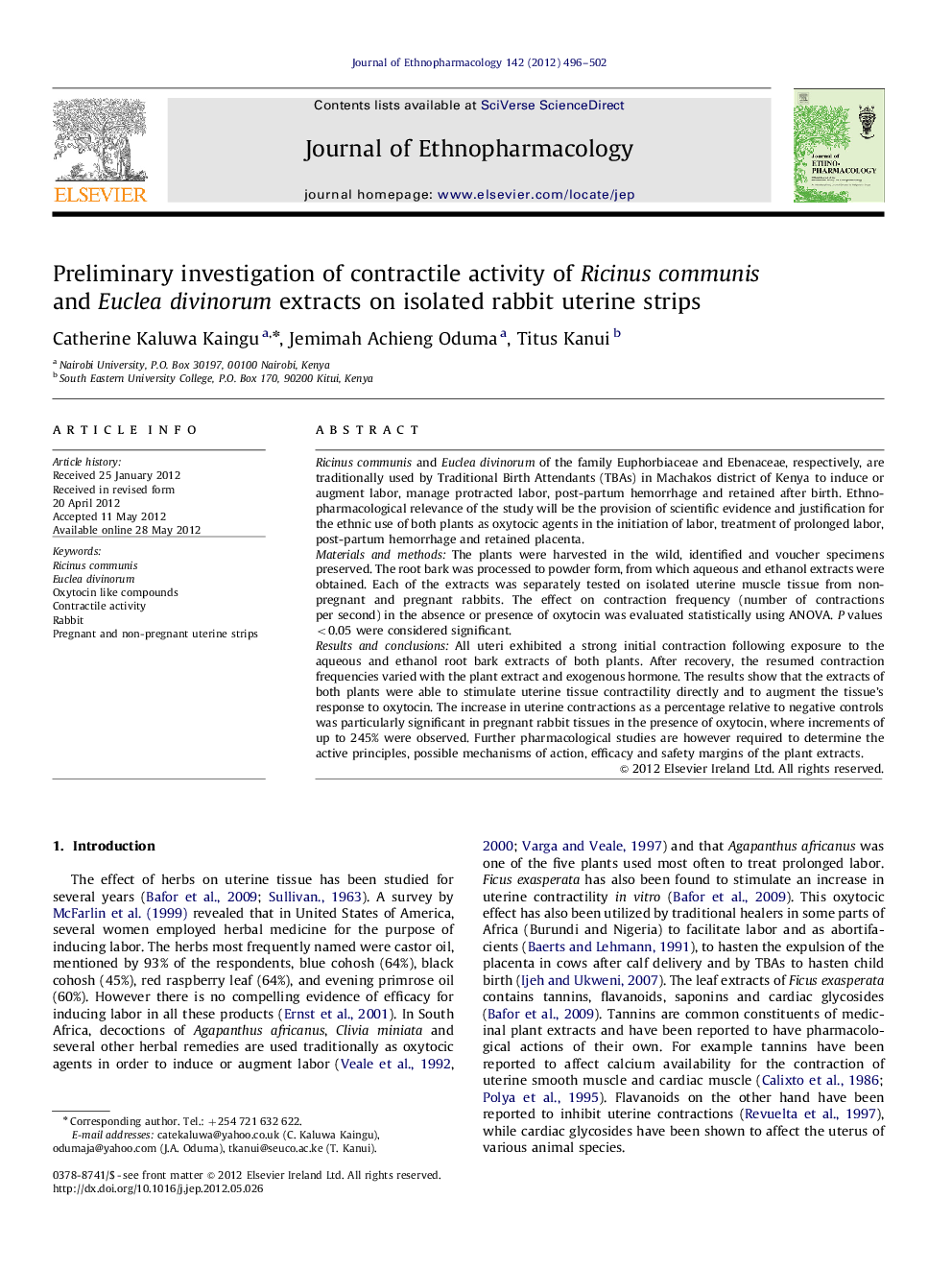 Preliminary investigation of contractile activity of Ricinus communis and Euclea divinorum extracts on isolated rabbit uterine strips