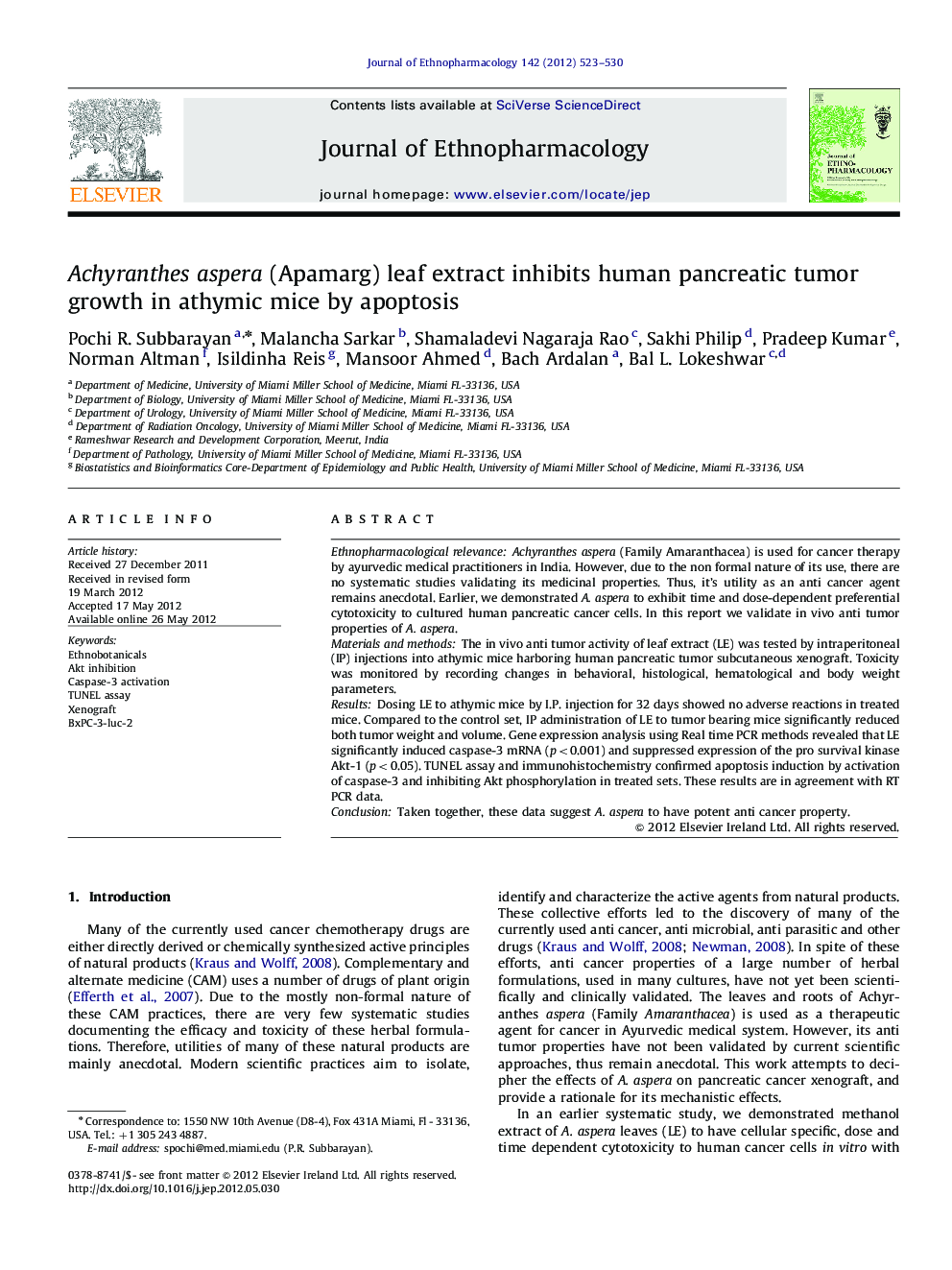 Achyranthes aspera (Apamarg) leaf extract inhibits human pancreatic tumor growth in athymic mice by apoptosis