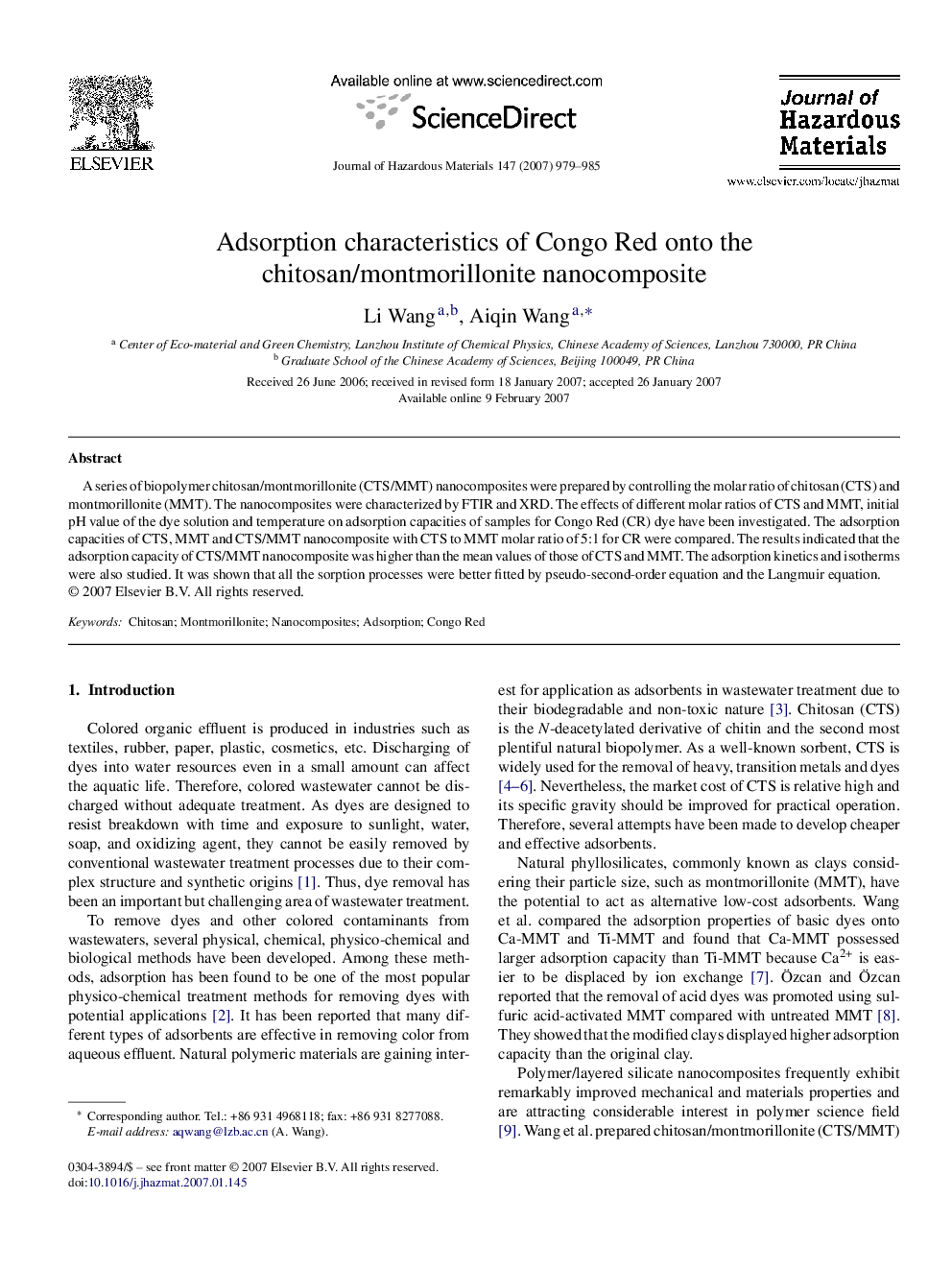 عکس صفحه اول مقاله: Adsorption characteristics of Congo Red onto the chitosan/montmorillonite nanocomposite Adsorption characteristics of Congo Red onto the chitosan/montmorillonite nanocomposite