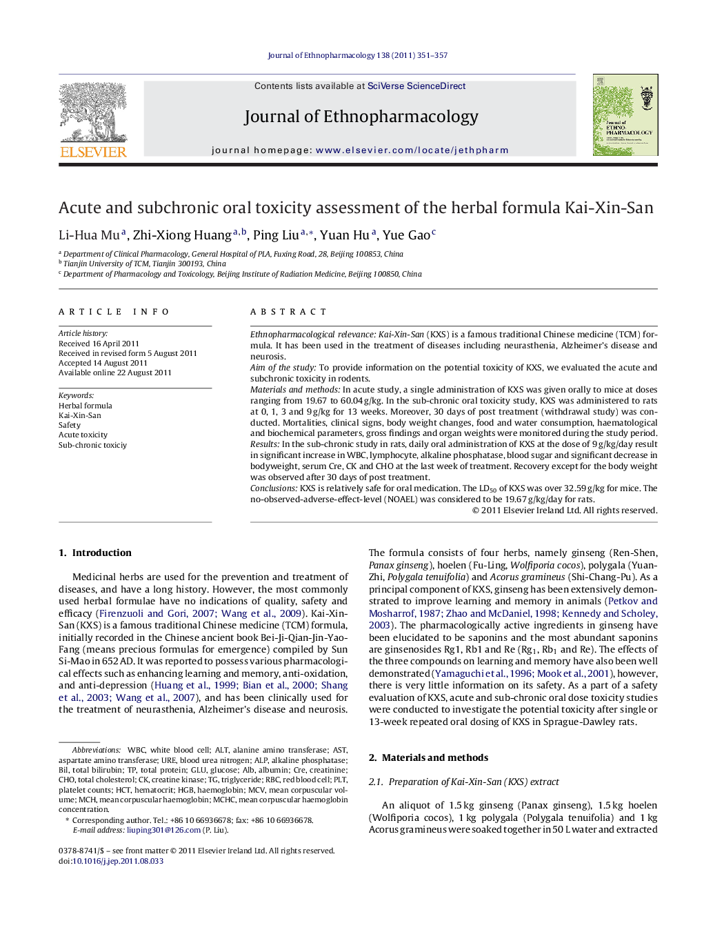 Acute and subchronic oral toxicity assessment of the herbal formula Kai-Xin-San