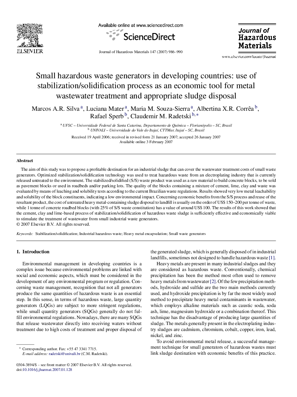 Small hazardous waste generators in developing countries: use of stabilization/solidification process as an economic tool for metal wastewater treatment and appropriate sludge disposal