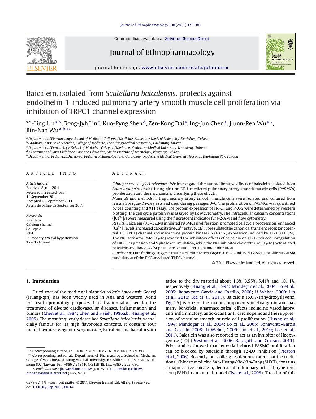 Baicalein, isolated from Scutellaria baicalensis, protects against endothelin-1-induced pulmonary artery smooth muscle cell proliferation via inhibition of TRPC1 channel expression