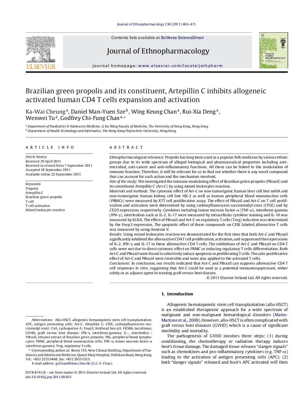 Brazilian green propolis and its constituent, Artepillin C inhibits allogeneic activated human CD4 T cells expansion and activation