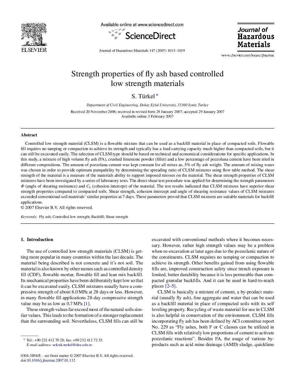 Strength properties of fly ash based controlled low strength materials