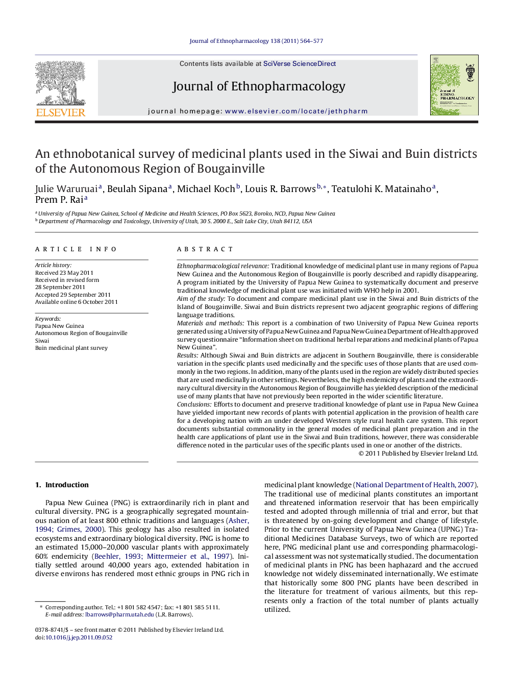 An ethnobotanical survey of medicinal plants used in the Siwai and Buin districts of the Autonomous Region of Bougainville