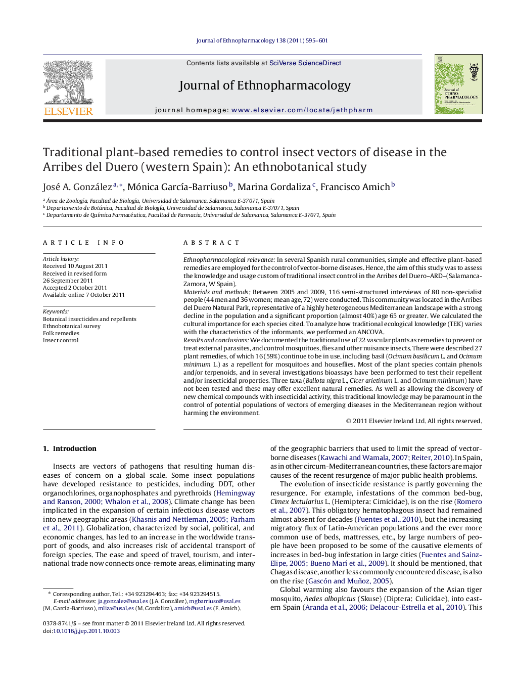 Traditional plant-based remedies to control insect vectors of disease in the Arribes del Duero (western Spain): An ethnobotanical study