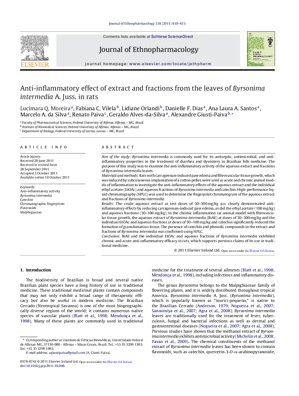 Anti-inflammatory effect of extract and fractions from the leaves of Byrsonima intermedia A. Juss. in rats