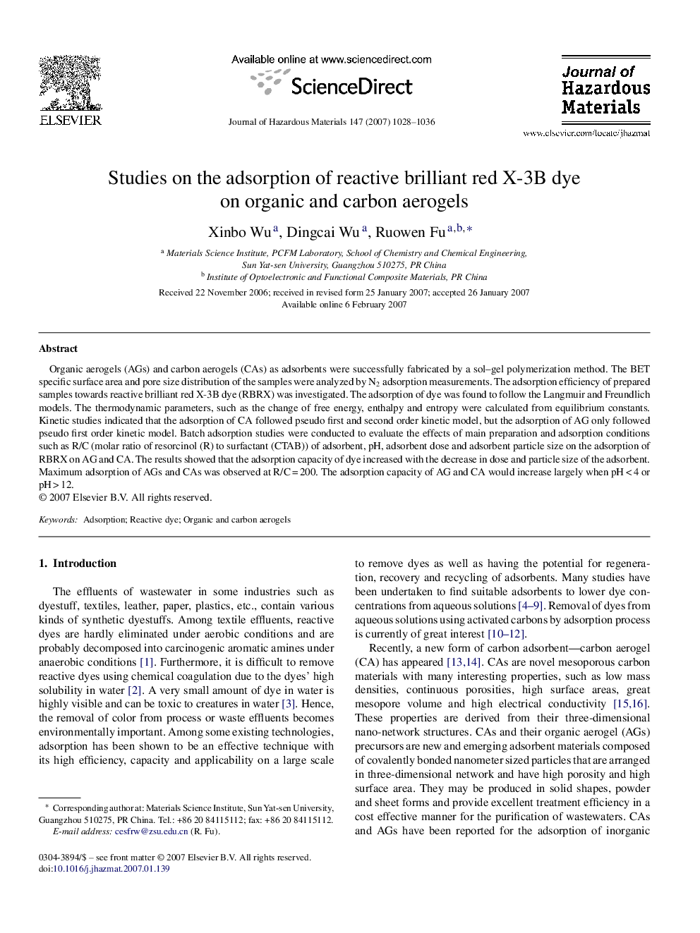 عکس صفحه اول مقاله: Studies on the adsorption of reactive brilliant red X-3B dye on organic and carbon aerogels Studies on the adsorption of reactive brilliant red X-3B dye on organic and carbon aerogels