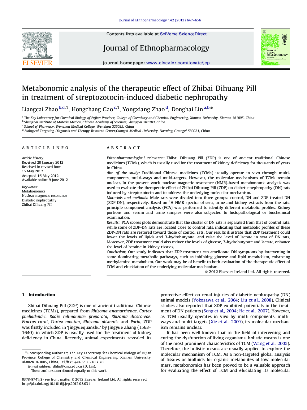 Metabonomic analysis of the therapeutic effect of Zhibai Dihuang Pill in treatment of streptozotocin-induced diabetic nephropathy