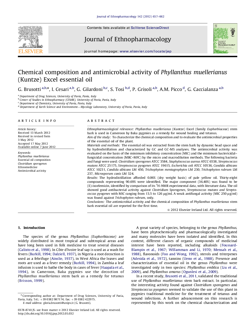 Chemical composition and antimicrobial activity of Phyllanthus muellerianus (Kuntze) Excel essential oil