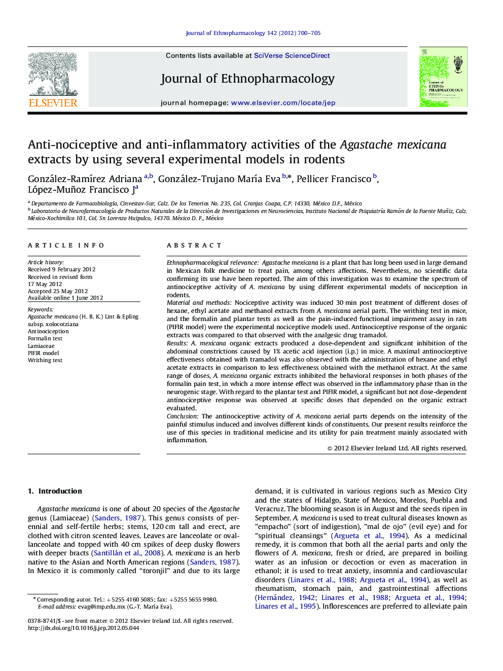 Anti-nociceptive and anti-inflammatory activities of the Agastache mexicana extracts by using several experimental models in rodents