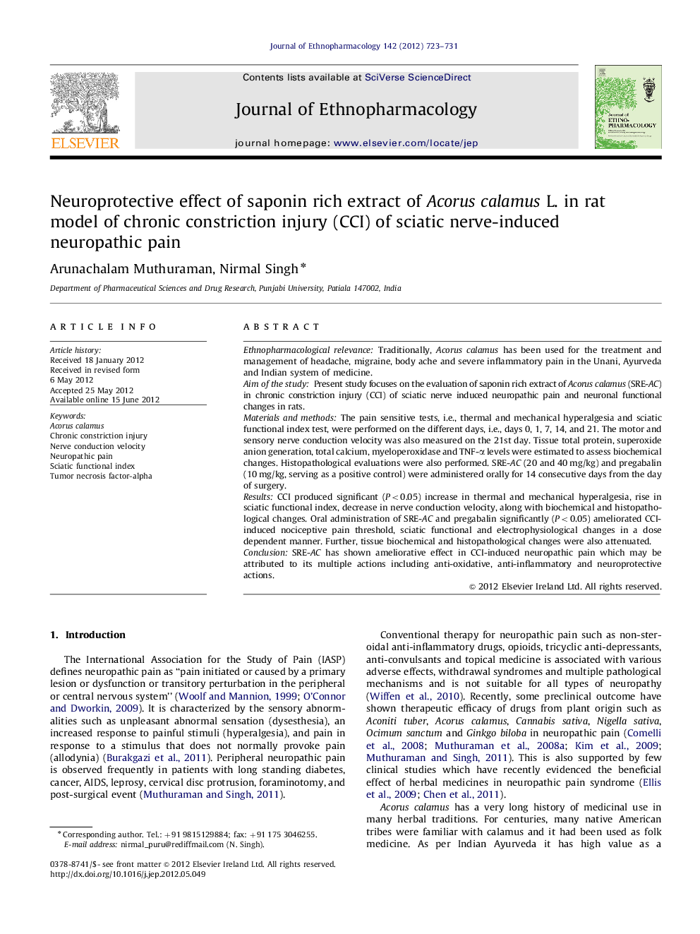 Neuroprotective effect of saponin rich extract of Acorus calamus L. in rat model of chronic constriction injury (CCI) of sciatic nerve-induced neuropathic pain