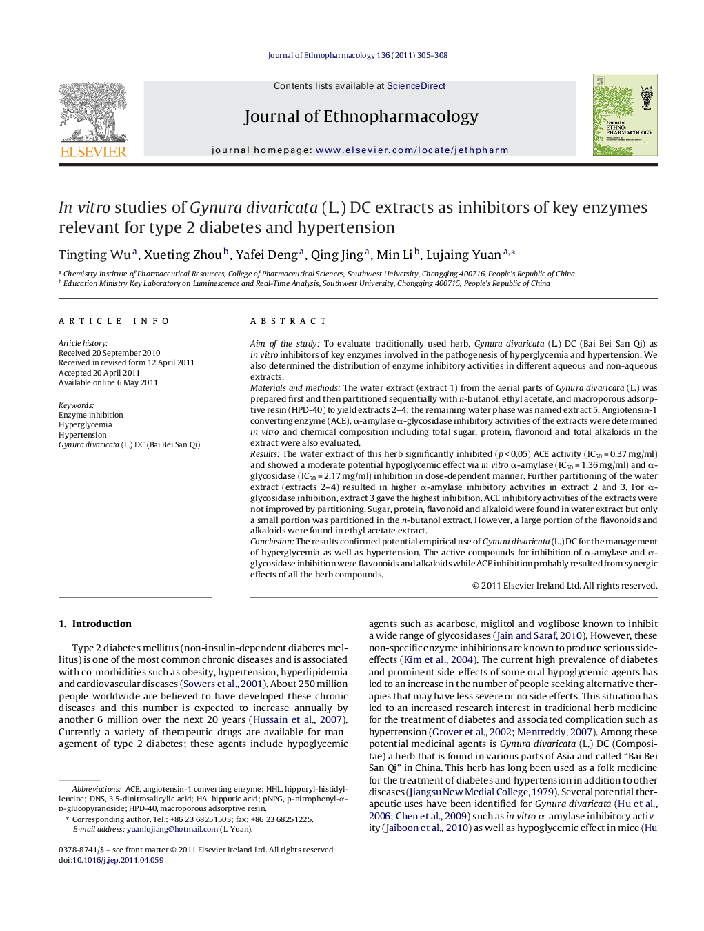 In vitro studies of Gynura divaricata (L.) DC extracts as inhibitors of key enzymes relevant for type 2 diabetes and hypertension