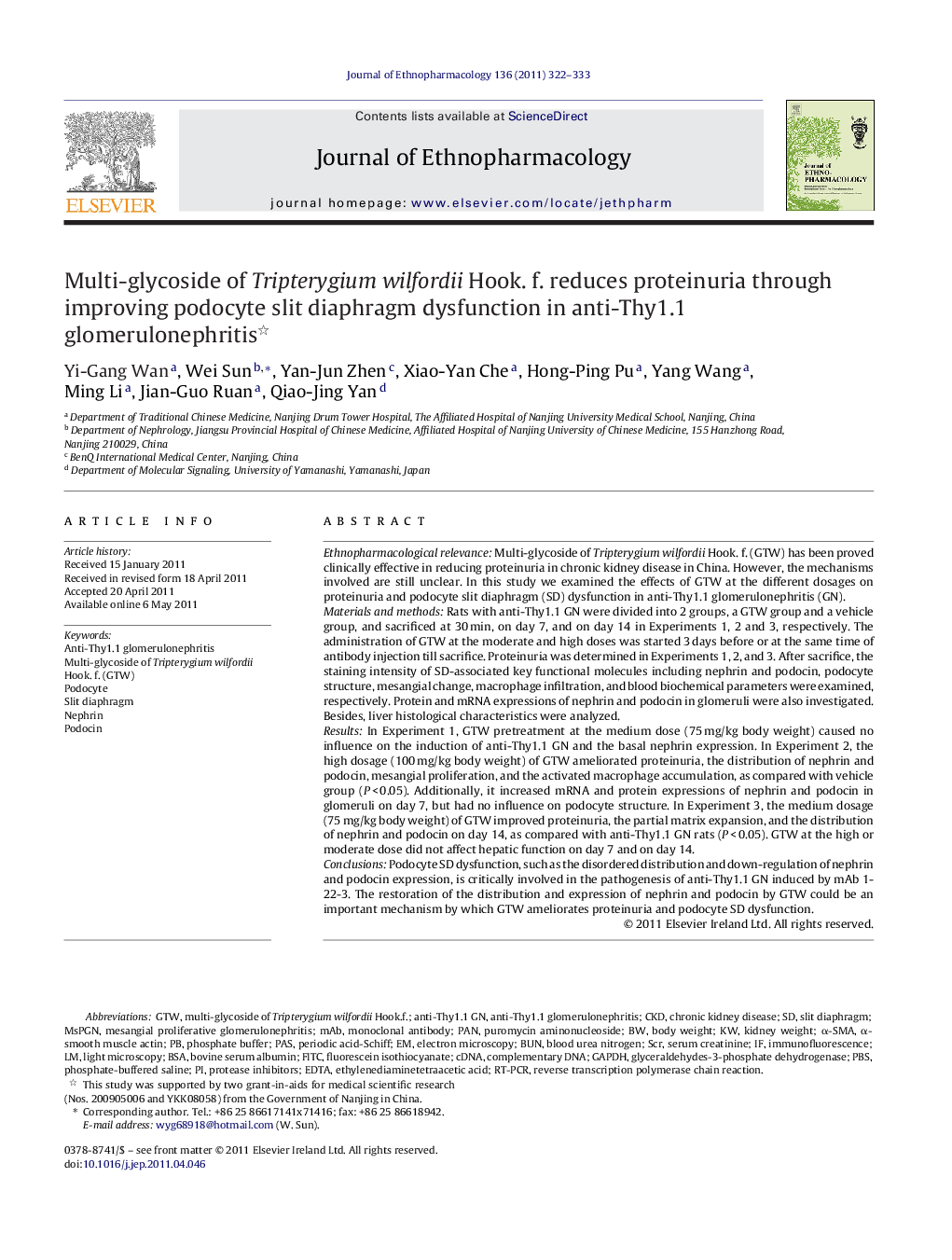 Multi-glycoside of Tripterygium wilfordii Hook. f. reduces proteinuria through improving podocyte slit diaphragm dysfunction in anti-Thy1.1 glomerulonephritis