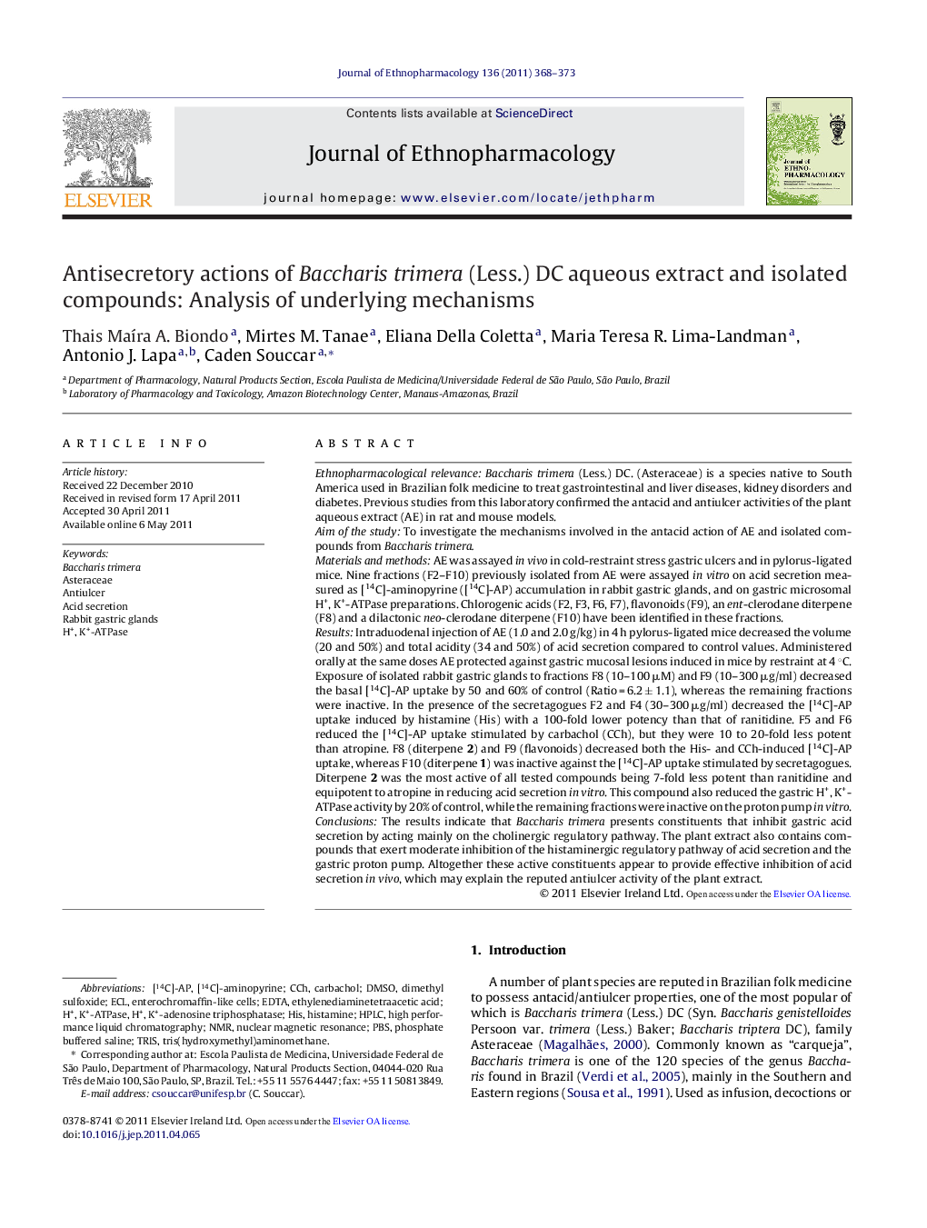 Antisecretory actions of Baccharis trimera (Less.) DC aqueous extract and isolated compounds: Analysis of underlying mechanisms