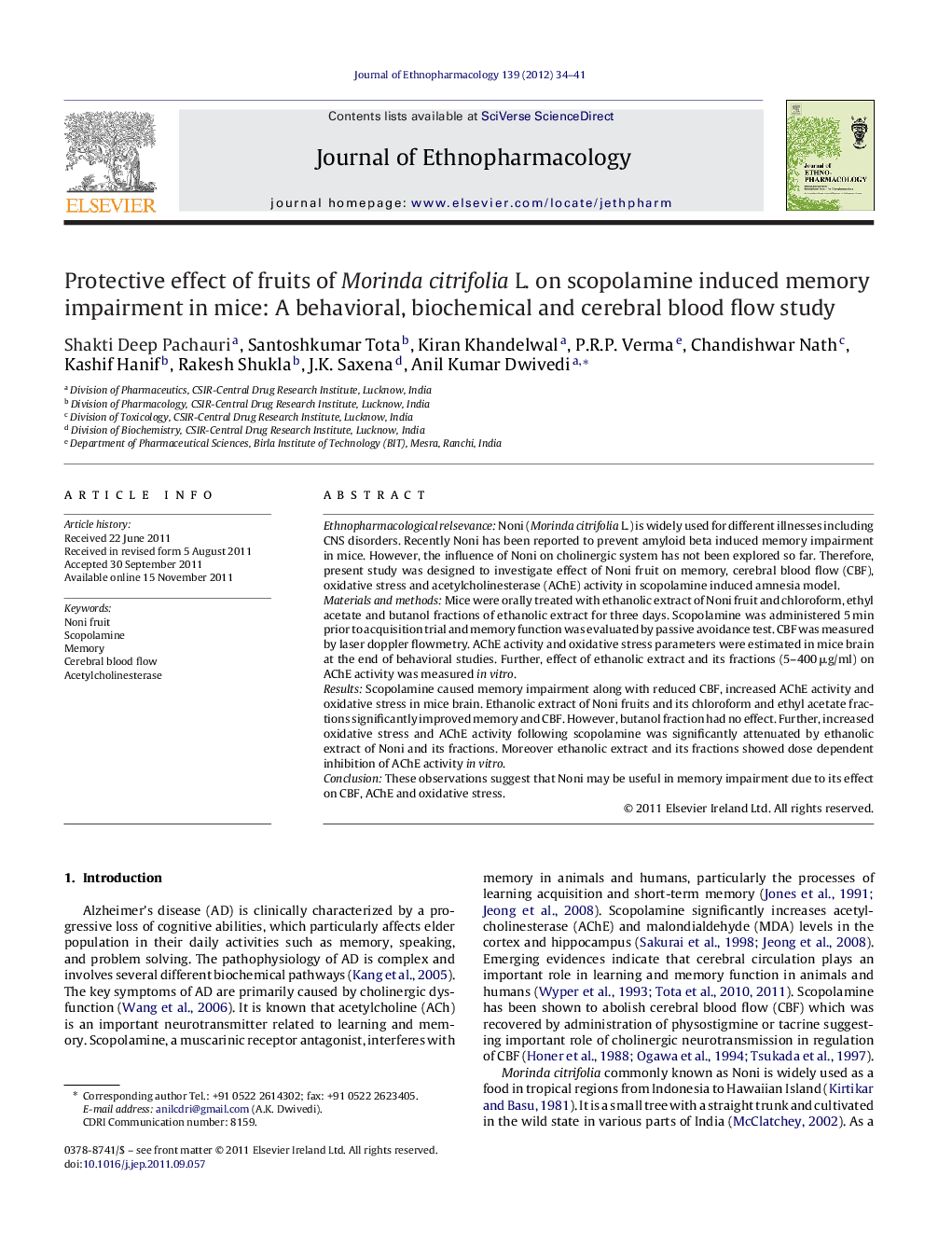 Protective effect of fruits of Morinda citrifolia L. on scopolamine induced memory impairment in mice: A behavioral, biochemical and cerebral blood flow study