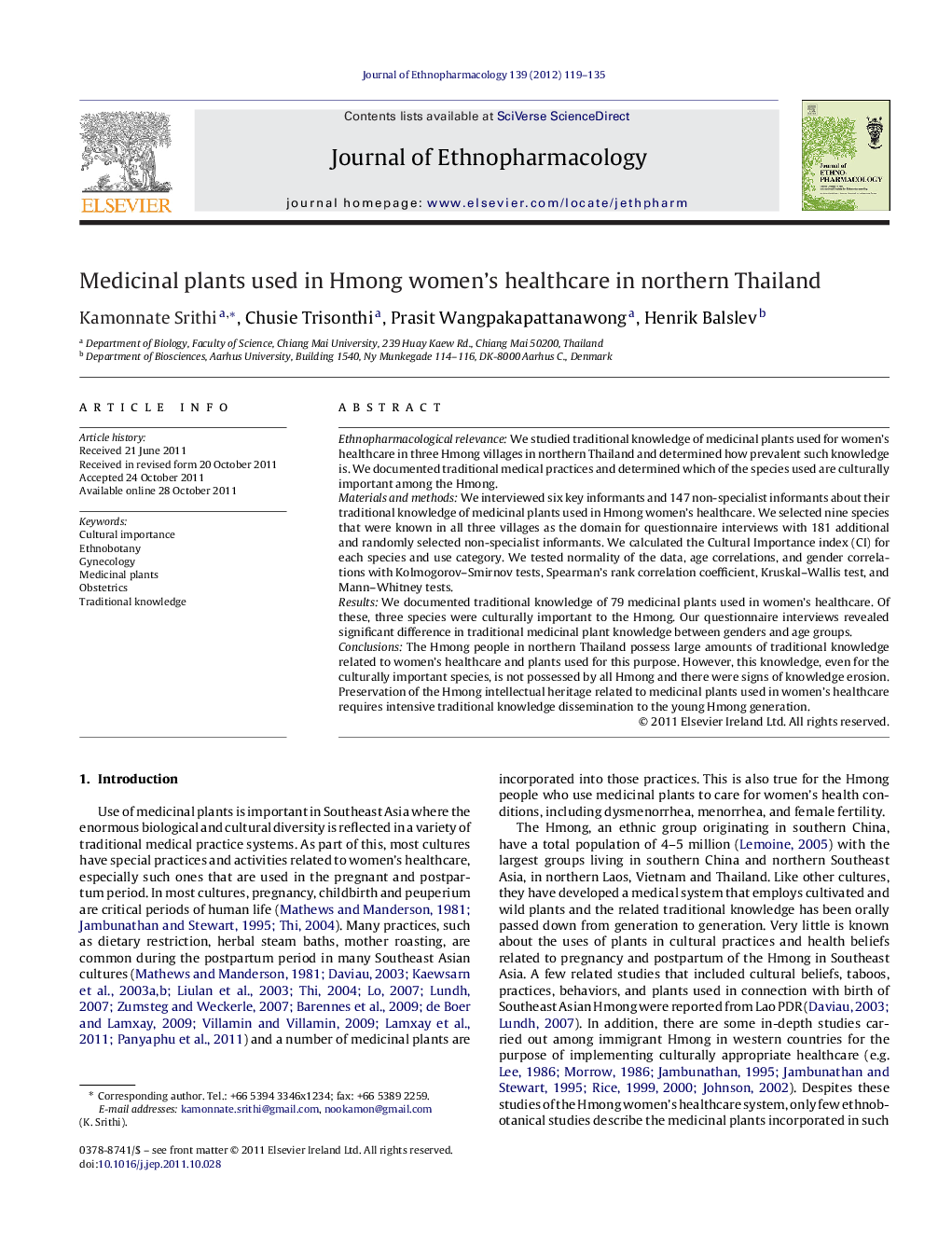 Medicinal plants used in Hmong women's healthcare in northern Thailand