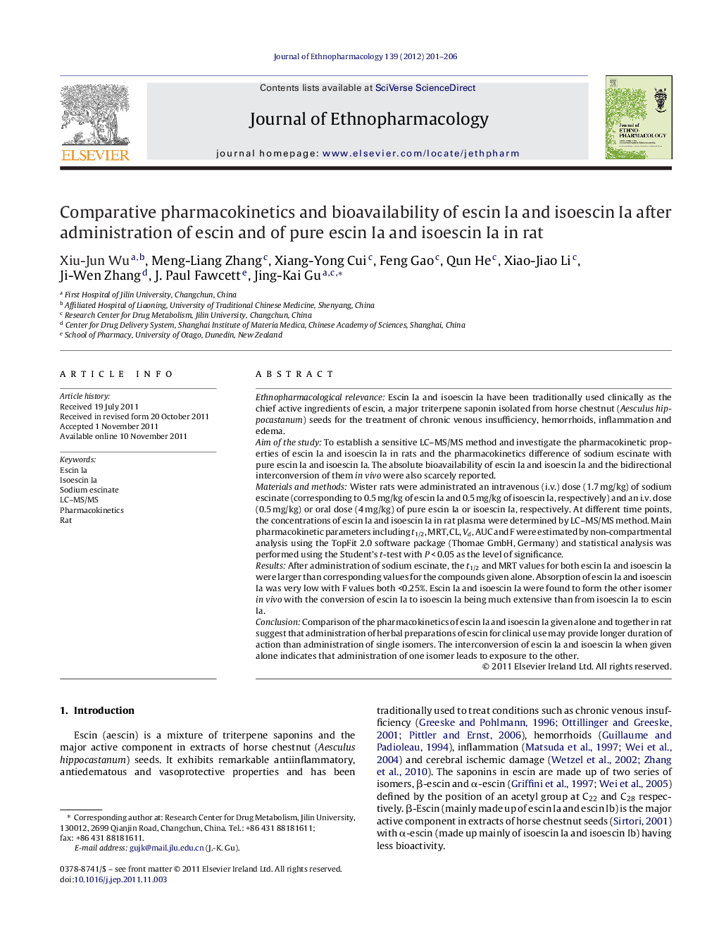 Comparative pharmacokinetics and bioavailability of escin Ia and isoescin Ia after administration of escin and of pure escin Ia and isoescin Ia in rat