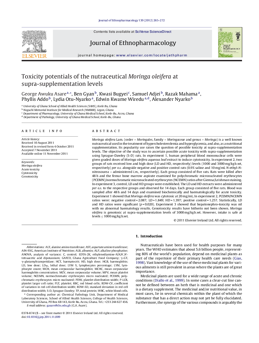 Toxicity potentials of the nutraceutical Moringa oleifera at supra-supplementation levels