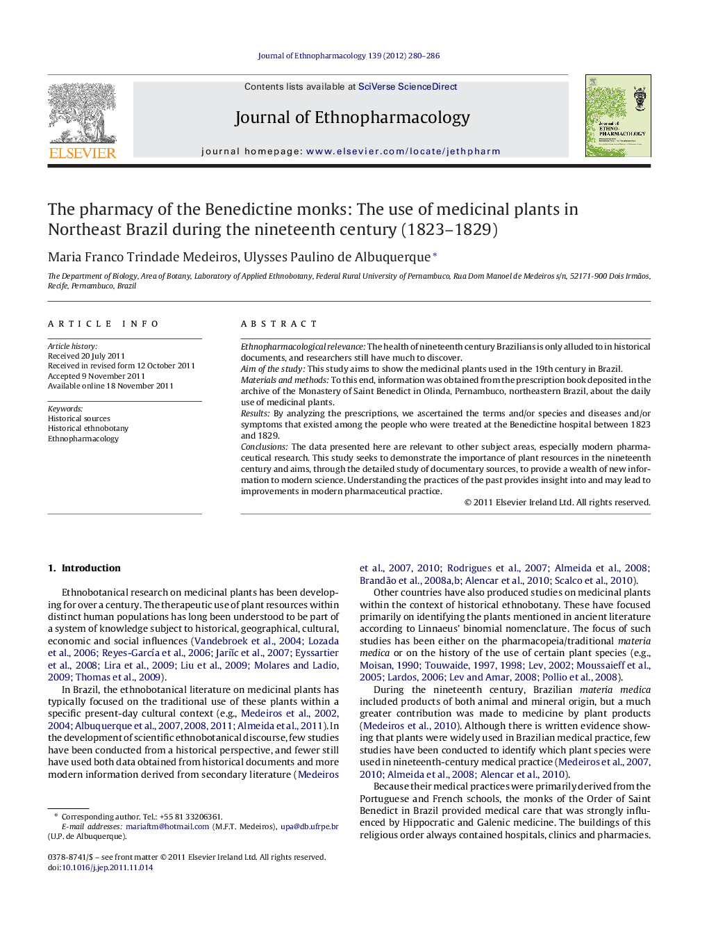 The pharmacy of the Benedictine monks: The use of medicinal plants in Northeast Brazil during the nineteenth century (1823-1829)