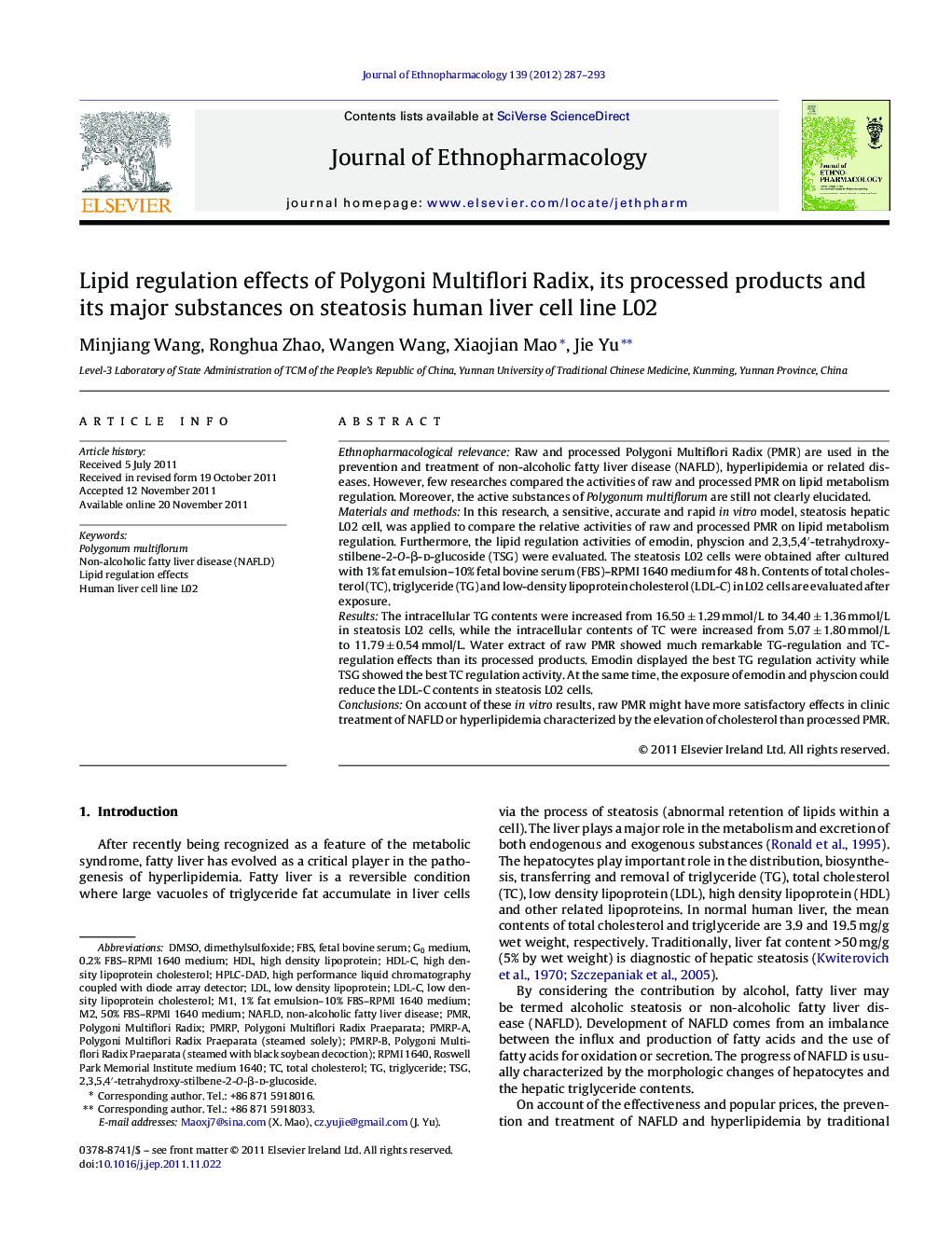 Lipid regulation effects of Polygoni Multiflori Radix, its processed products and its major substances on steatosis human liver cell line L02