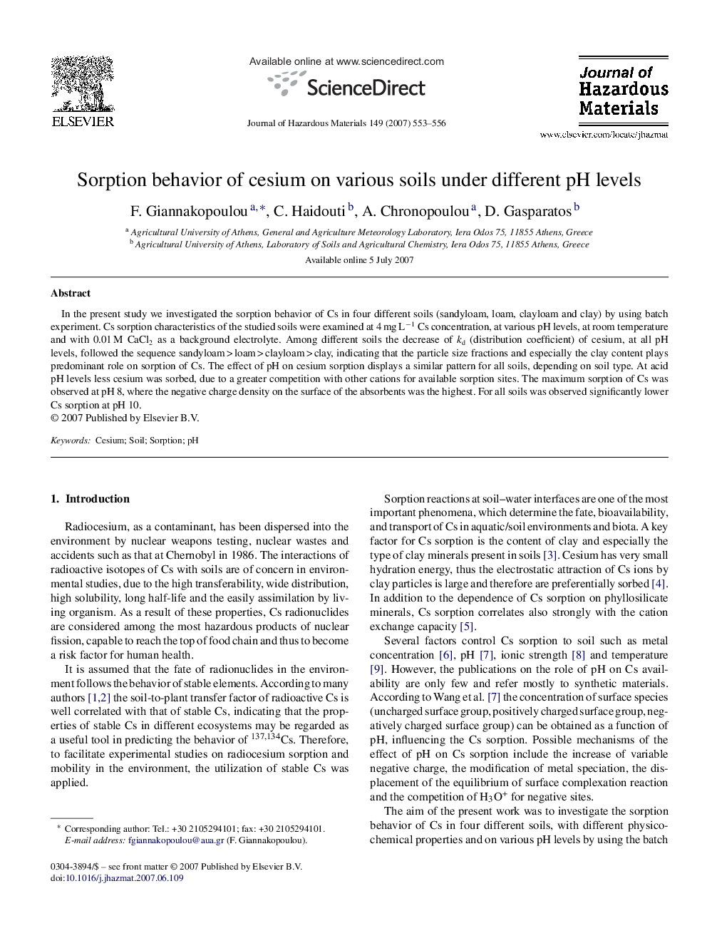 Sorption behavior of cesium on various soils under different pH levels