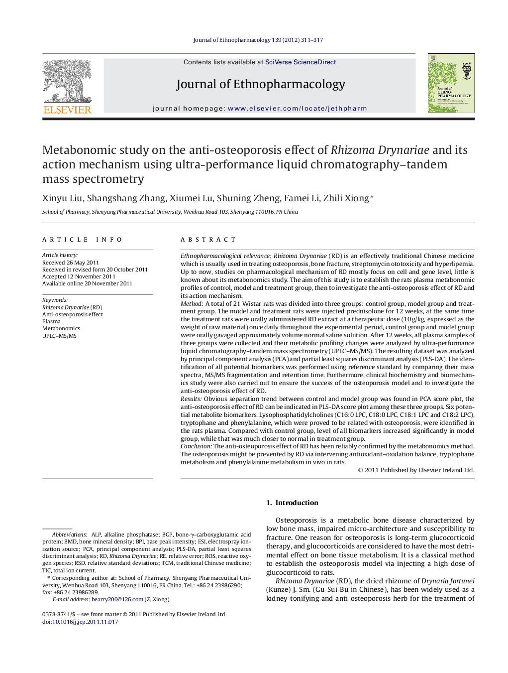 Metabonomic study on the anti-osteoporosis effect of Rhizoma Drynariae and its action mechanism using ultra-performance liquid chromatography-tandem mass spectrometry