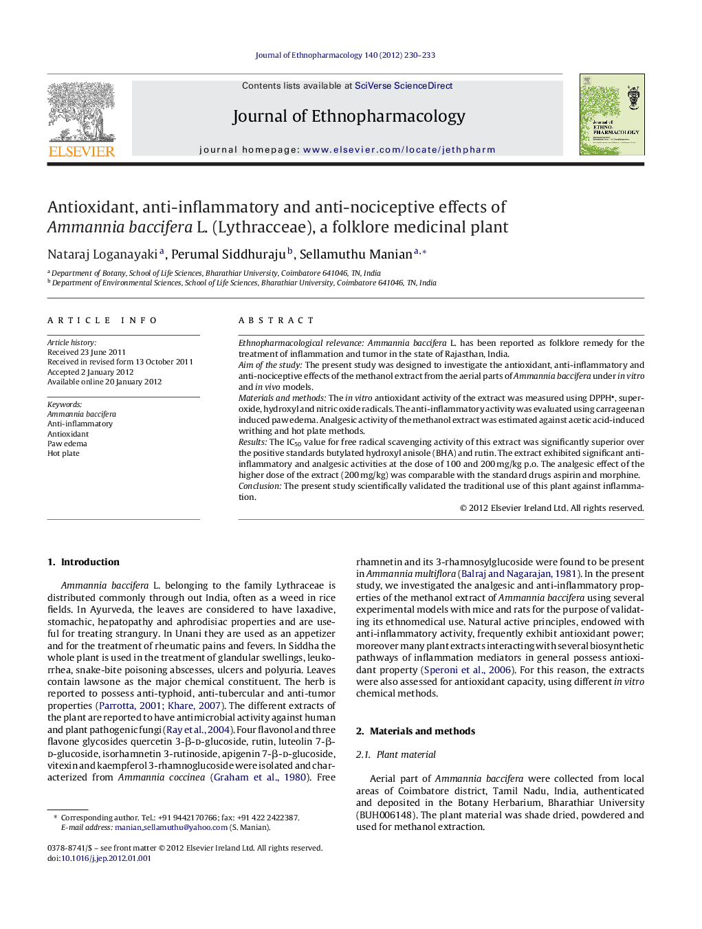 Antioxidant, anti-inflammatory and anti-nociceptive effects of Ammannia baccifera L. (Lythracceae), a folklore medicinal plant