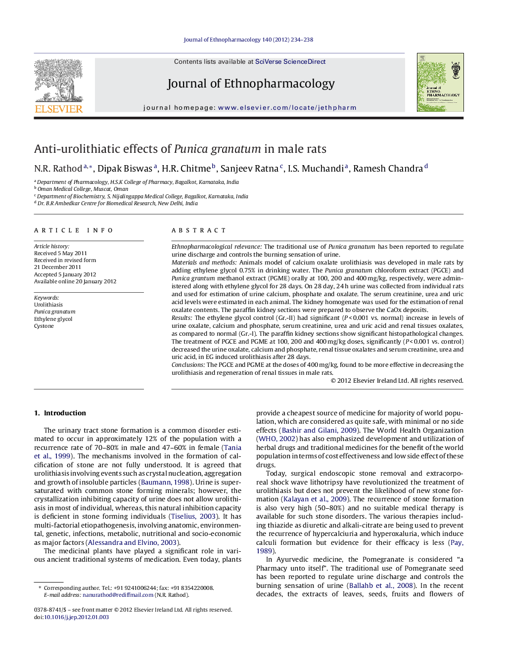 Anti-urolithiatic effects of Punica granatum in male rats