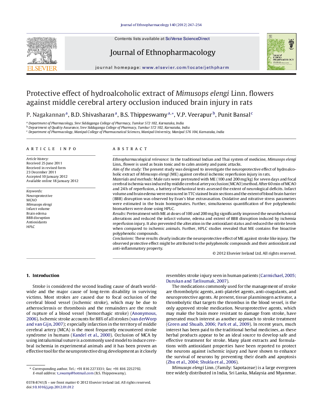 Protective effect of hydroalcoholic extract of Mimusops elengi Linn. flowers against middle cerebral artery occlusion induced brain injury in rats